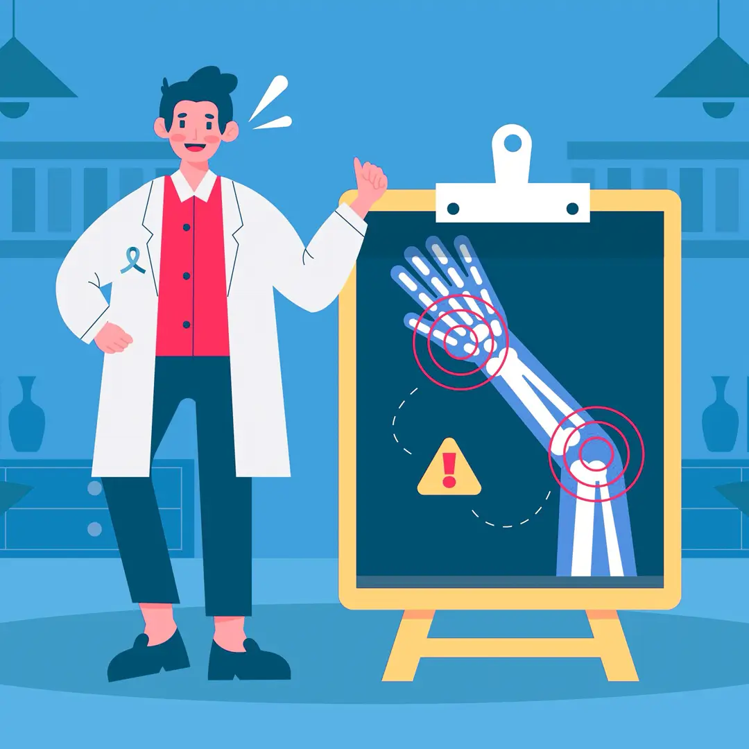 An Illustration Of The Human Arm Skeletal Anatomy On A Frame Resembling A Blackboard Sign With A Doctor Standing Next To It